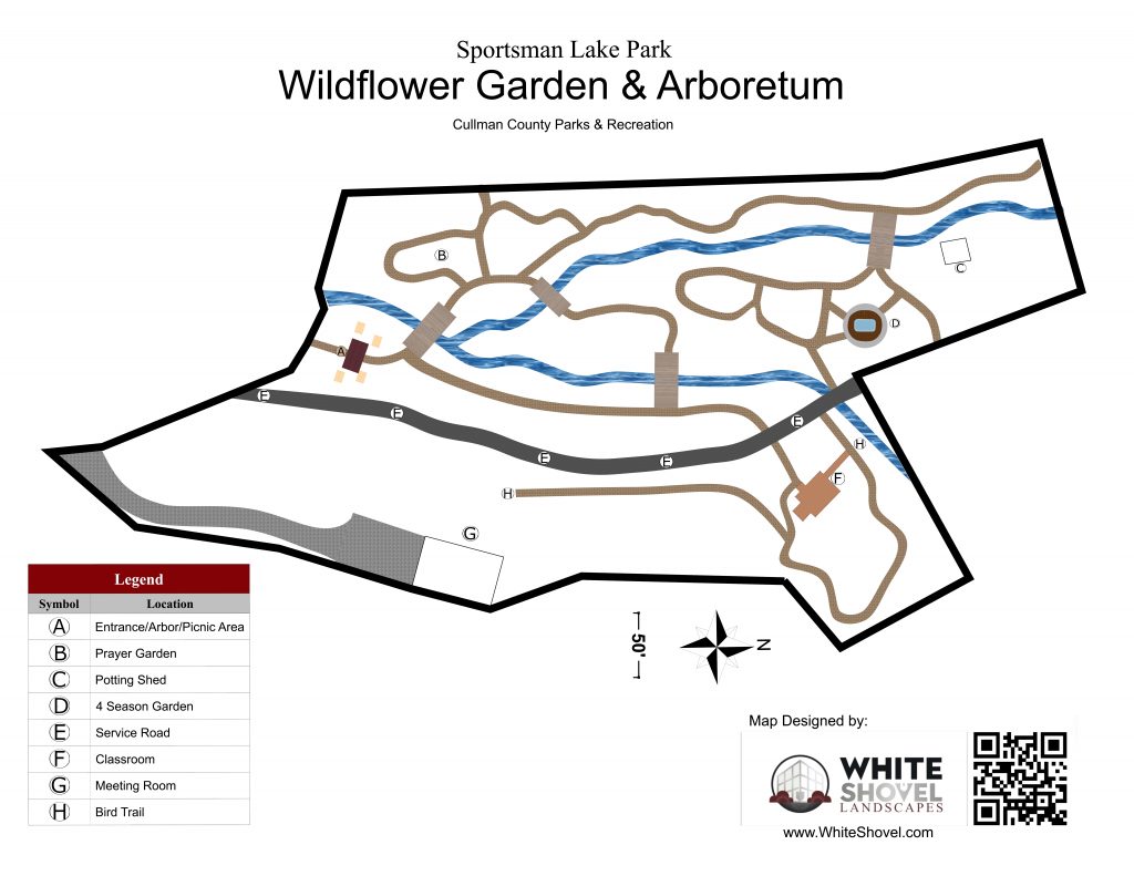 Map of the Wildflower Garden. Brown trails are intersected by the blue stream with right brown rectangles representing features in the garden. There is a legend to name areas labeled with letters