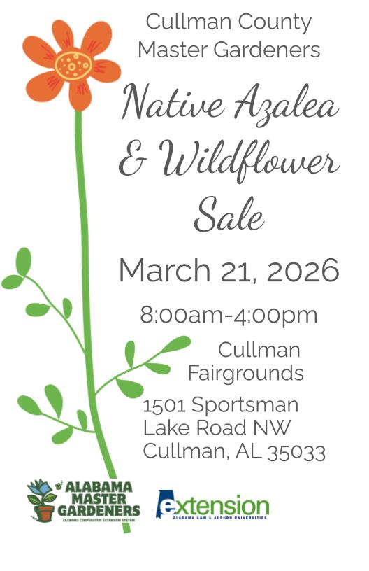 a flyer introducing the Native Azalea and Wildflower Sale for 2026.  It will be on March 21, 2026 from 8:00am-4:00pm at the Cullman Fairgrounds.