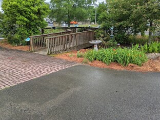 The wooden bridge at the rain garden is flanked by a birdbath surrounded by daylilies with large shade trees on either side.